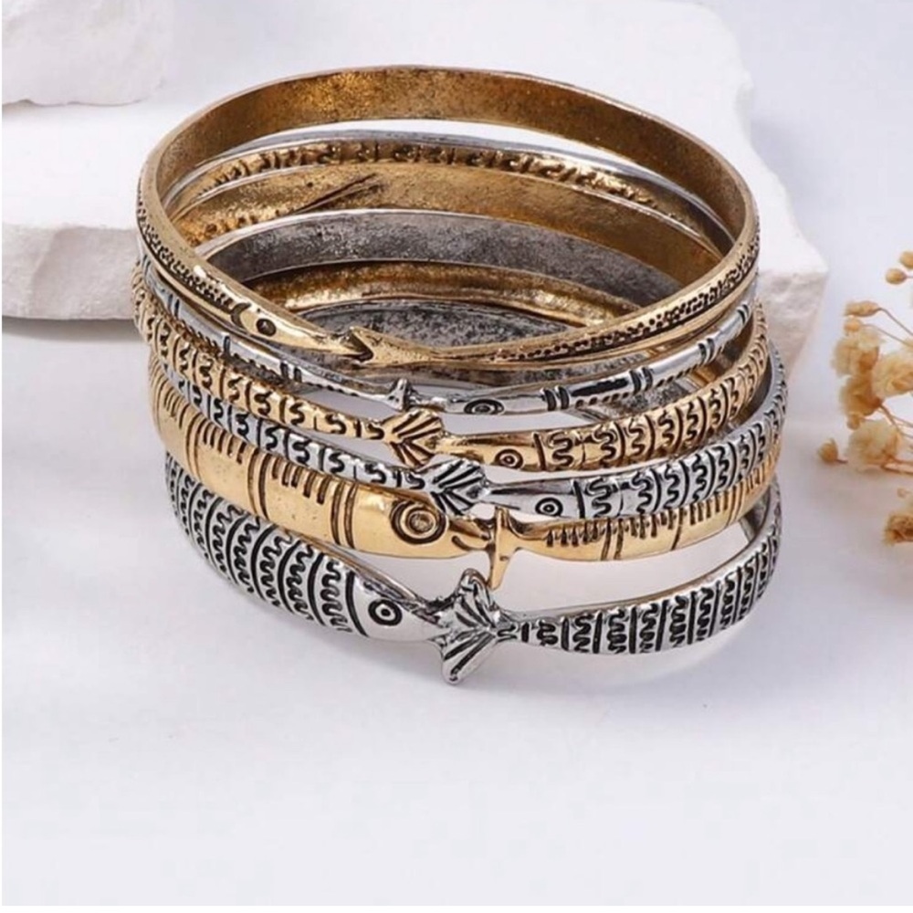 Engraved Mixed-Metal Bangle Collection - Picture 2 of 5